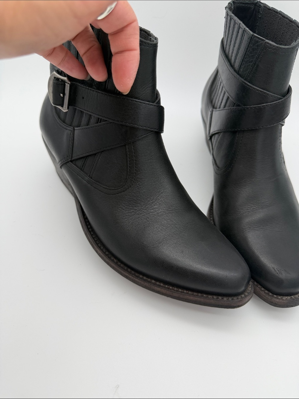 All Saints Western Style Ankle Booties Black Leather Boots Belt Sz 8 Pointed Toe - Picture 12 of 16